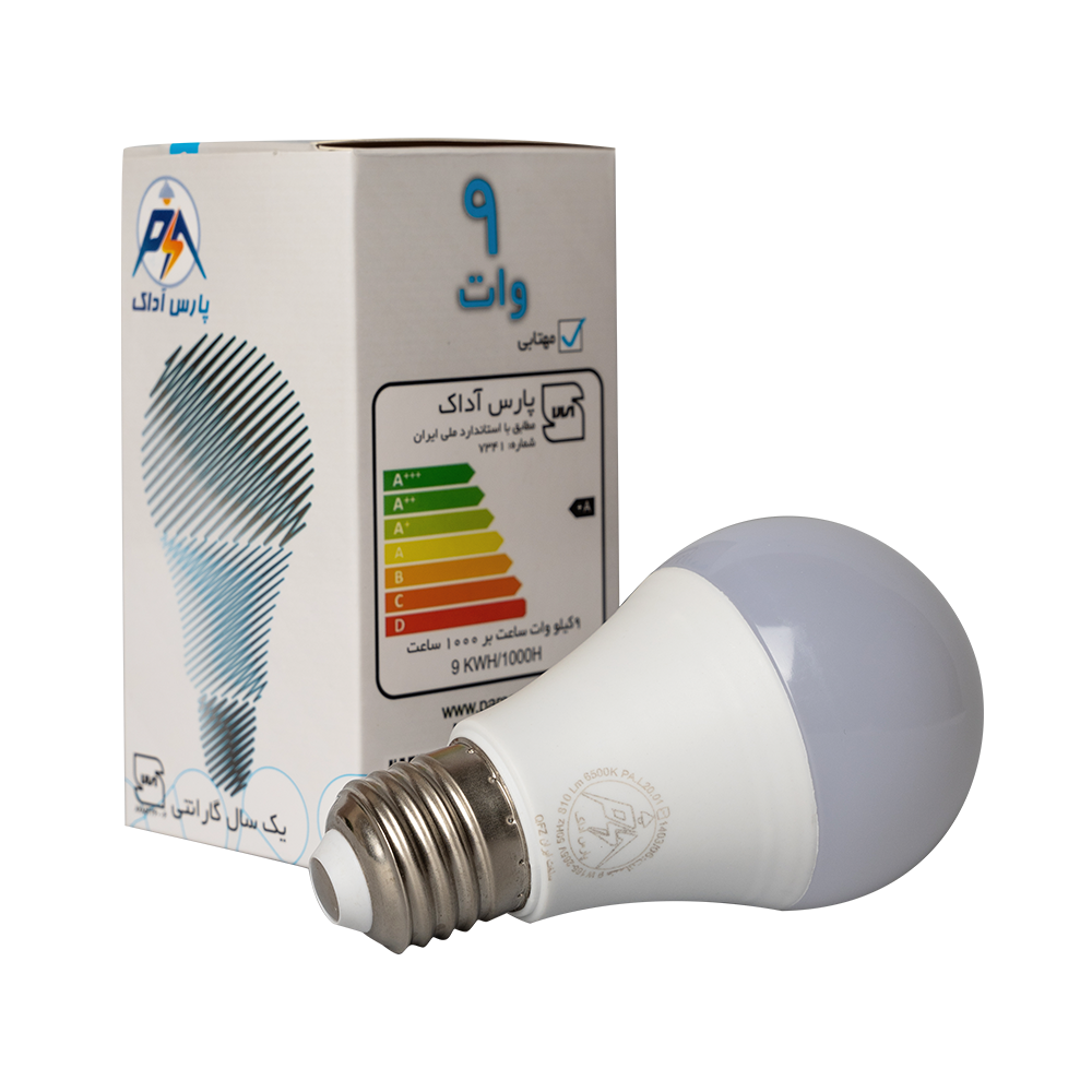 لامپ LED حبابی 9 وات E27 مهتابی پارس آداک
